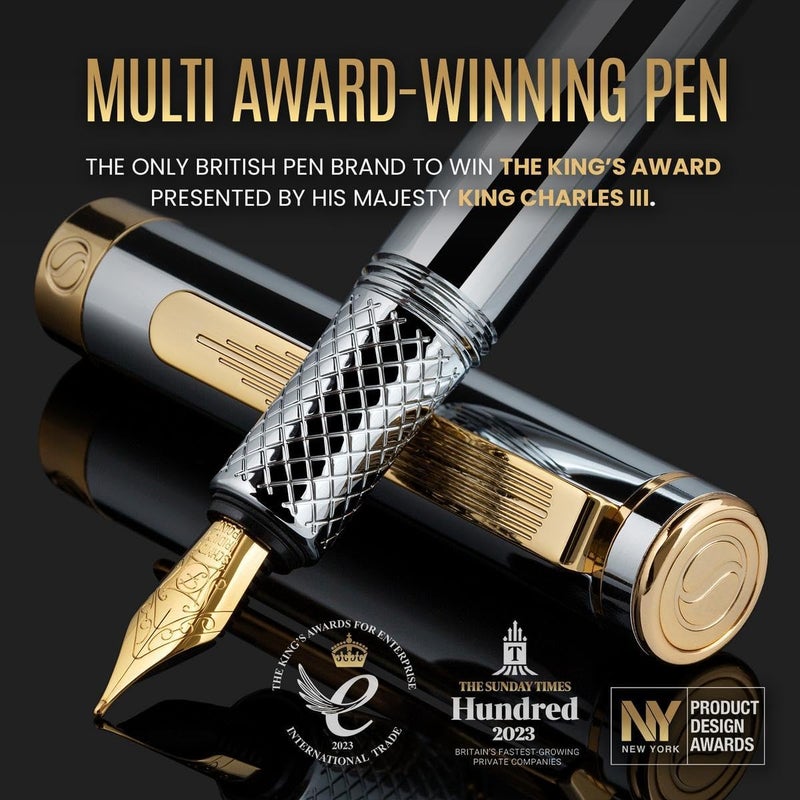 Scriveiner Luxury EDC Fountain Pen (Medium), Stunning Silver Chrome Luxury Pen, Real Gold Plating, Schmidt German Nib, Converter, Writing Gift Set for Men & Women, Nice Fancy Office Designer Pen - Image 2